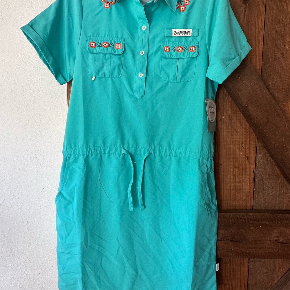 Magellan Outdoors Turquoise Short-Sleeve Shirt Dress with Embroidered Accents